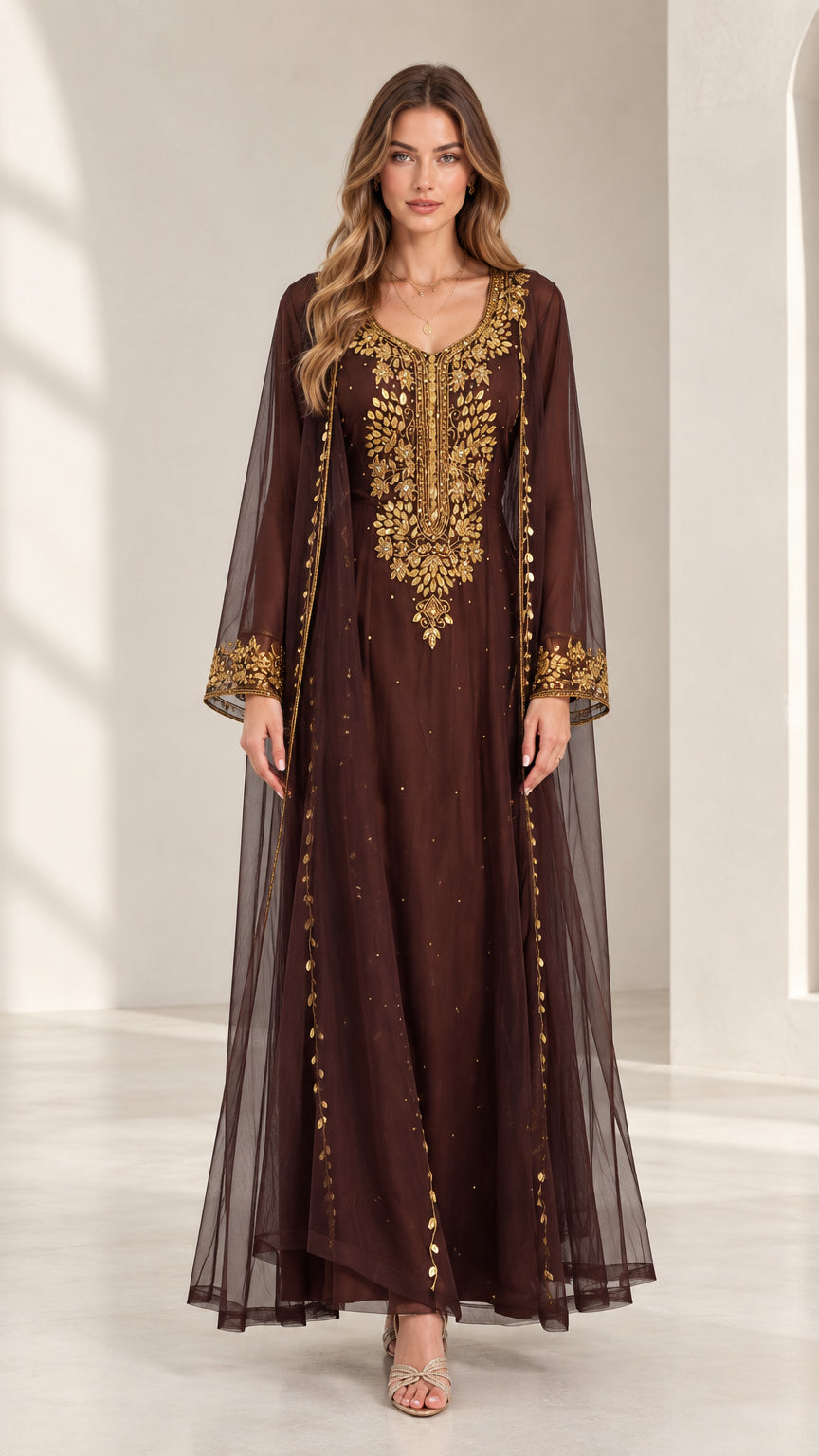 Front full-length view of woman wearing chocolate brown embroidered kaftan maxi dress