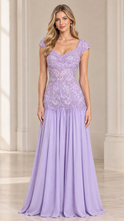 Front view of woman wearing lavender cap sleeve beaded lace drop waist maxi gown