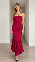 Front view of model wearing Red Floral Jacquard Pleated Mermaid Hem Midi Dress