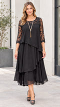Front view of black tiered chiffon midi dress with floral lace yoke and 3/4 sleeves