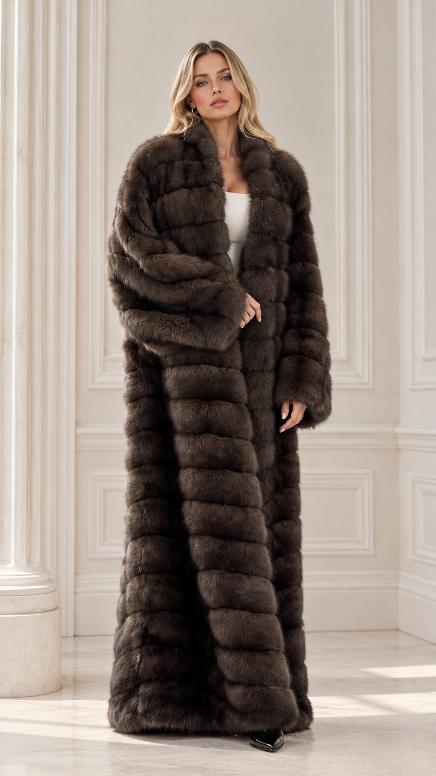 Front view of model wearing floor-length chocolate brown plush faux fur coat