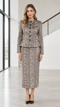 Full front view of model wearing taupe animal print two-piece skirt suit set