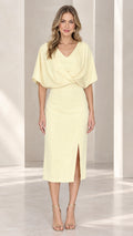 Front view of model wearing pale yellow draped flutter sleeve midi dress