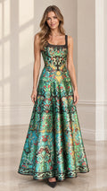 Full front view of model wearing Emerald Green square neck brocade jacquard A-line evening gown