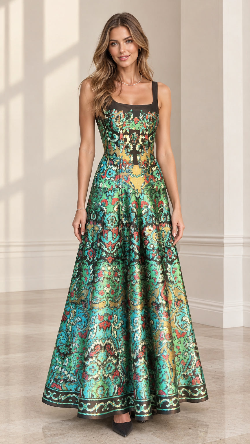 Full front view of model wearing Emerald Green square neck brocade jacquard A-line evening gown