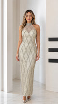 Full front view of champagne sleeveless high-neck beaded column maxi dress