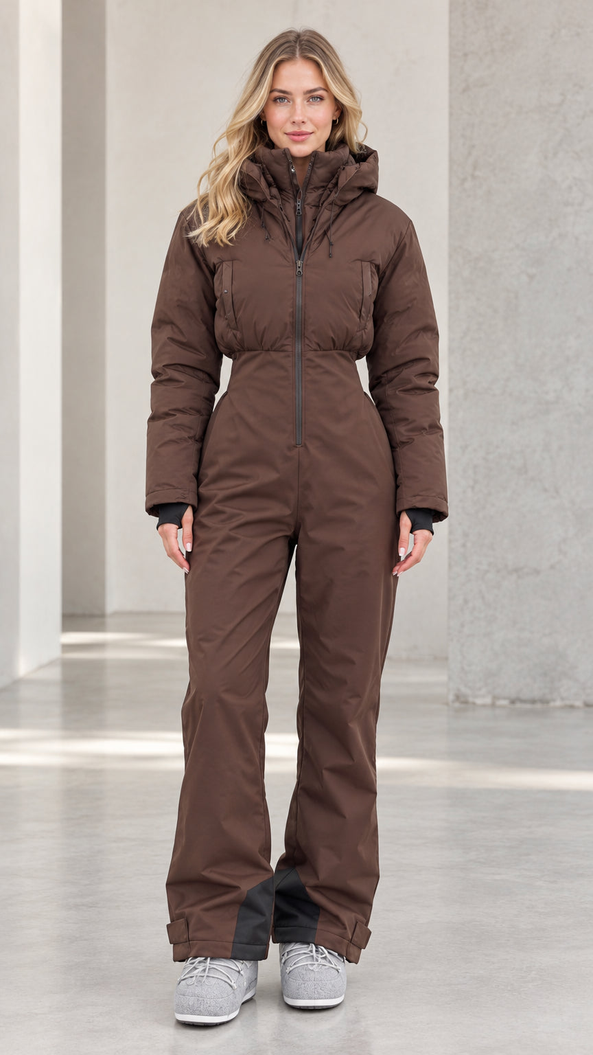 Front view of woman wearing chocolate brown one-piece hooded ski suit