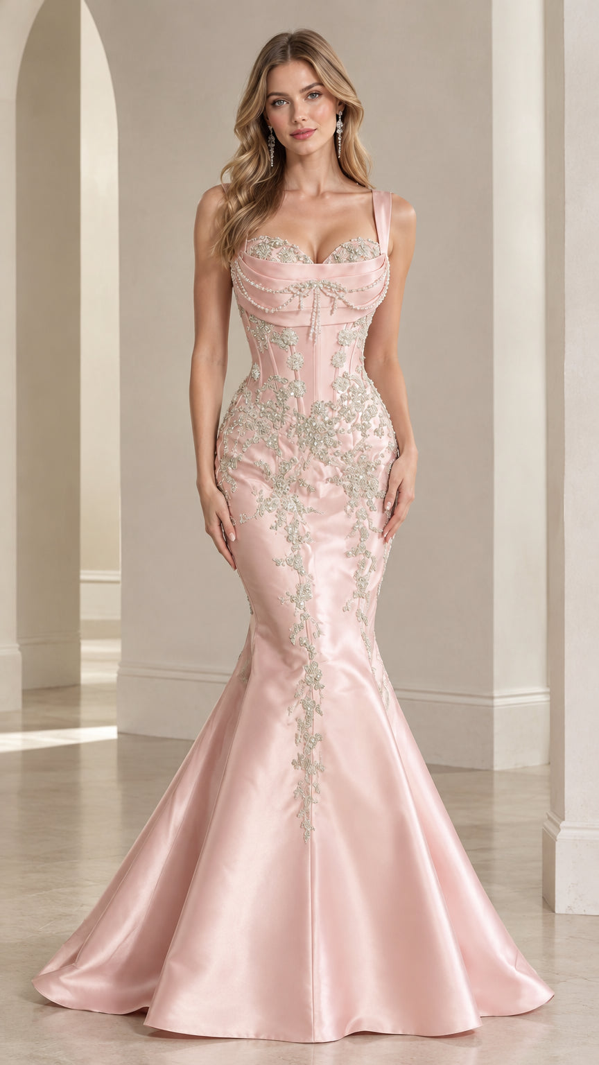 Front full-length view of model in blush pink beaded corset satin mermaid gown