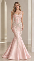 Front full-length view of model in blush pink beaded corset satin mermaid gown