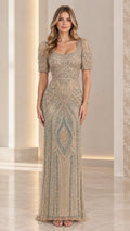Champagne Art Deco beaded evening gown front view with sweetheart neckline