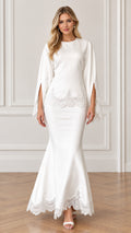 Front full-length view of white scalloped lace slit-sleeve mermaid maxi dress