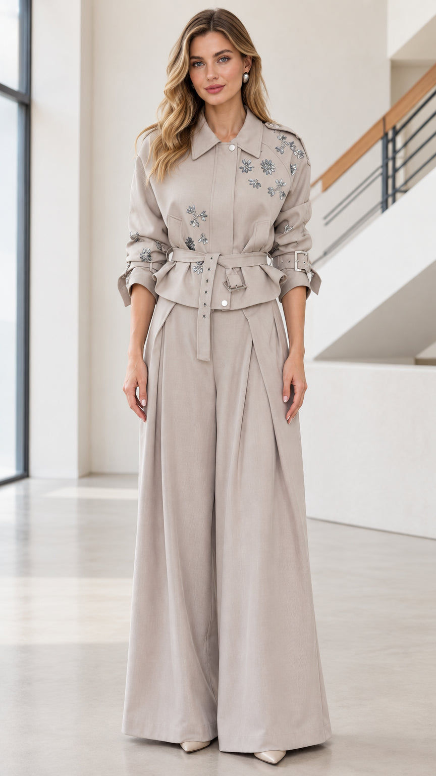 Front full view of woman wearing taupe crystal embellished belted jacket and wide-leg trousers set