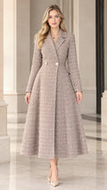Taupe vintage tweed double-breasted longline coat dress front view
