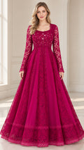 Magenta floral lace long sleeve evening gown front view