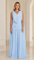 Light blue draped cowl neck maxi dress with shoulder cape front view