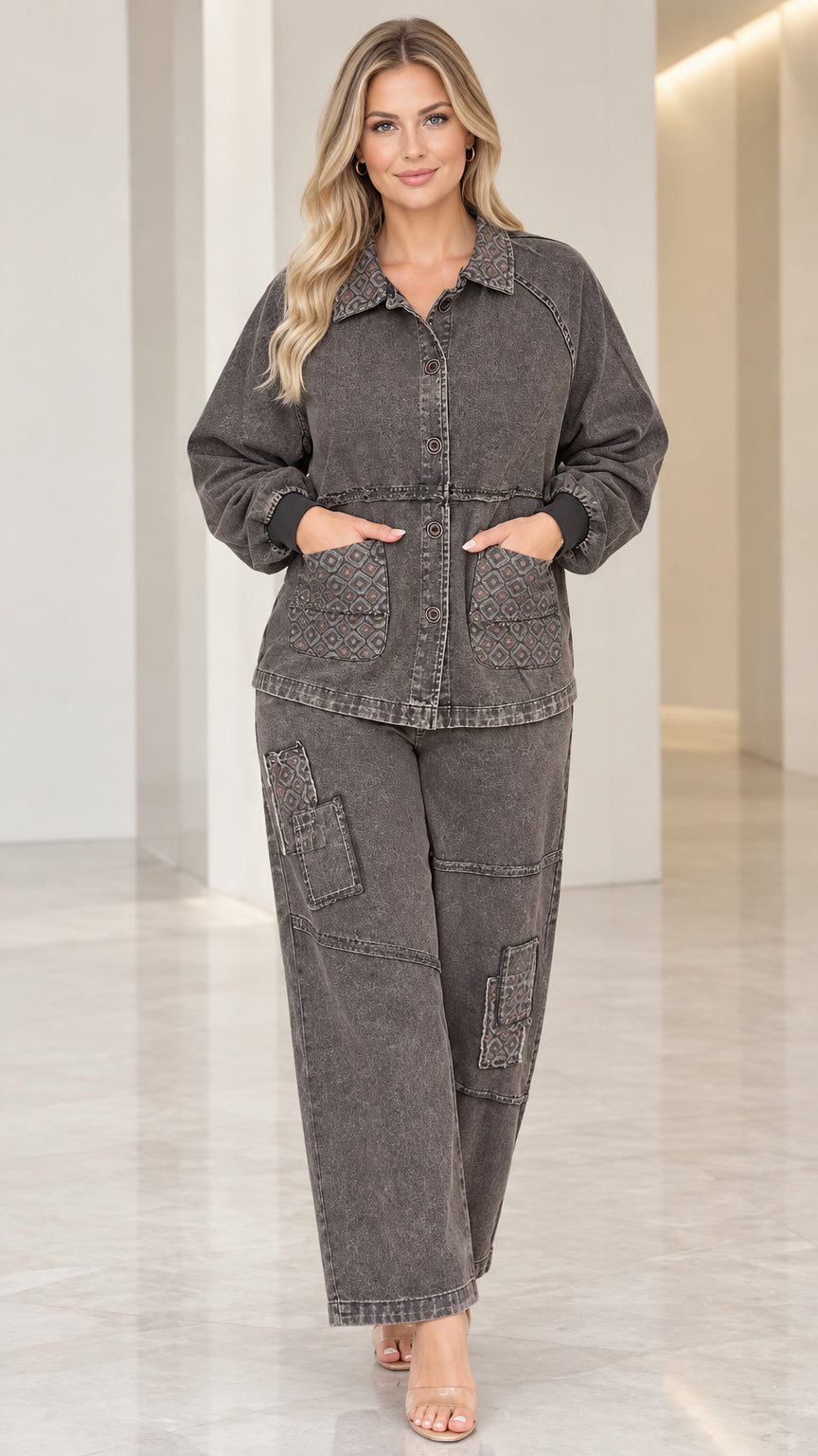 Front view of model wearing the Washed Charcoal utility jacket and straight-leg pants set