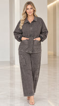 Front view of model wearing the Washed Charcoal utility jacket and straight-leg pants set