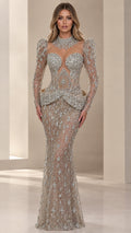 Silver rhinestone embellished mock neck mermaid evening gown front view