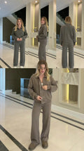 Woman modeling mocha brown zip-front collared jacket and matching wide-leg pants lounge set