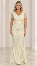 Front view of pale yellow beaded Art Deco V-neck evening gown