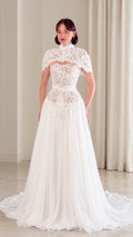 High neck lace bodice white chiffon evening gown front view