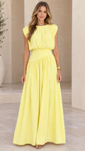 Front view of model wearing pastel yellow sleeveless pleated maxi dress