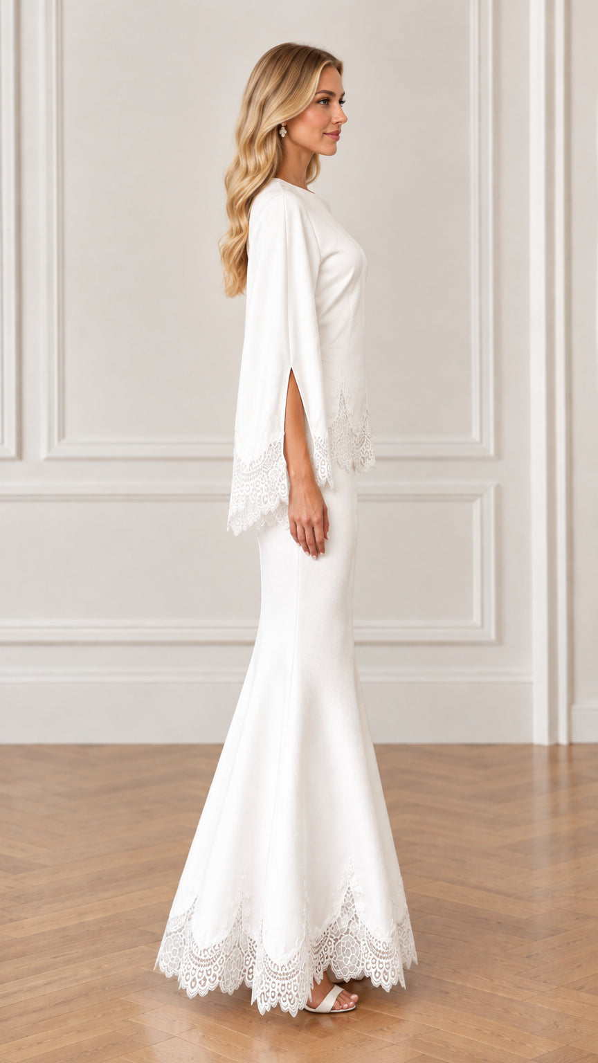 Side profile view of white long sleeve mermaid formal evening gown