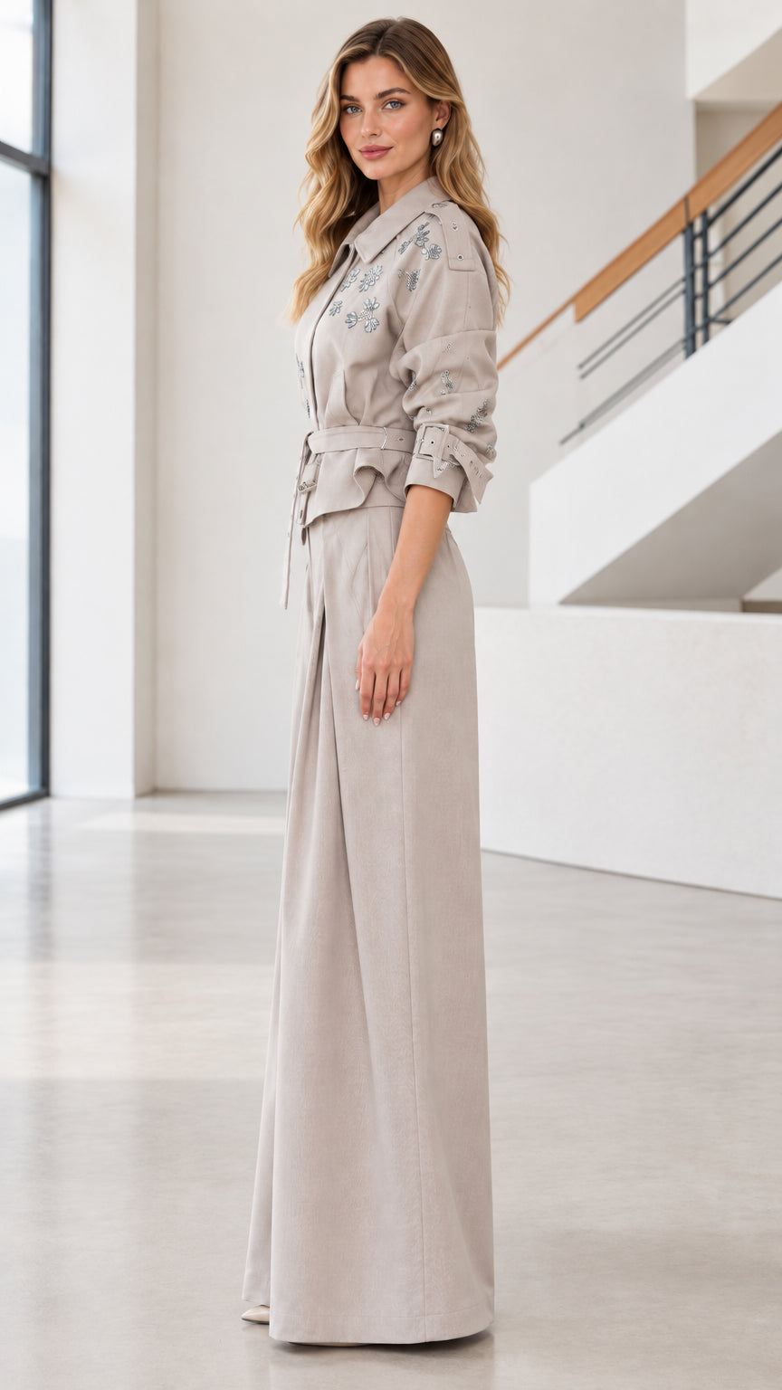 Side profile view of taupe crystal embellished two-piece wide-leg pants set
