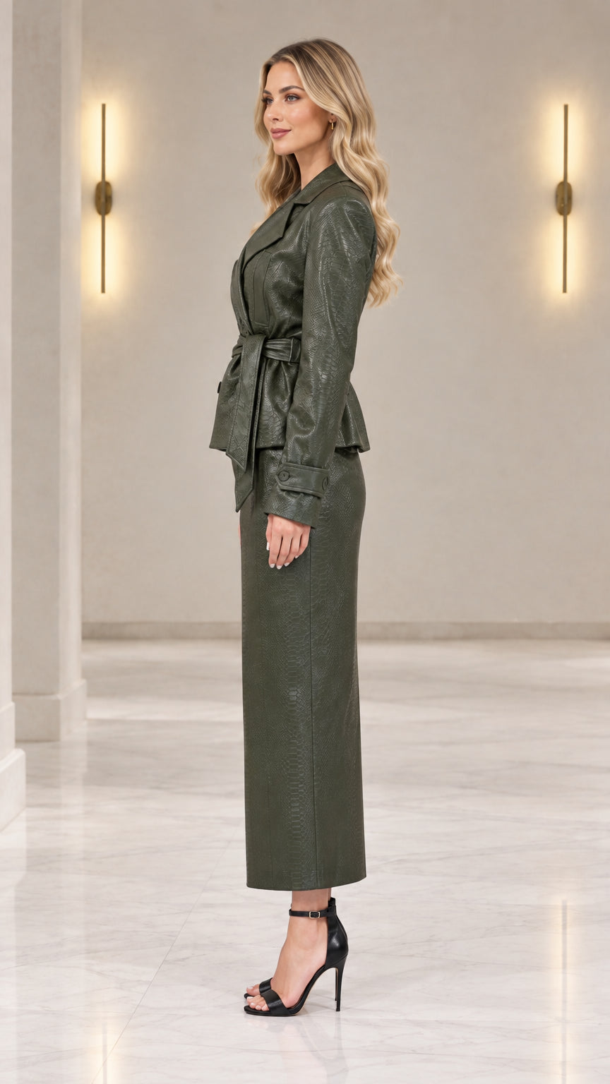 Side profile view of model in olive green faux leather jacket and maxi column skirt