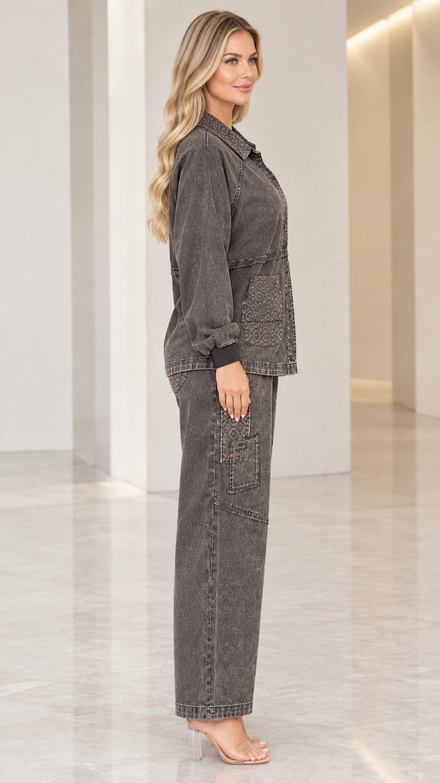 Side profile view of model wearing the Washed Charcoal two-piece utility coordinate set