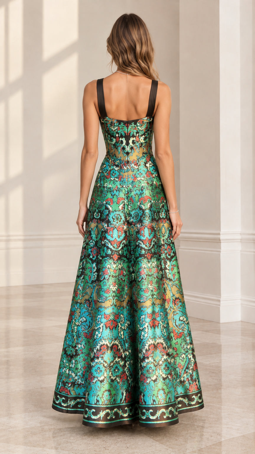 Back view of model in Emerald Green floral jacquard formal gown with square back neckline
