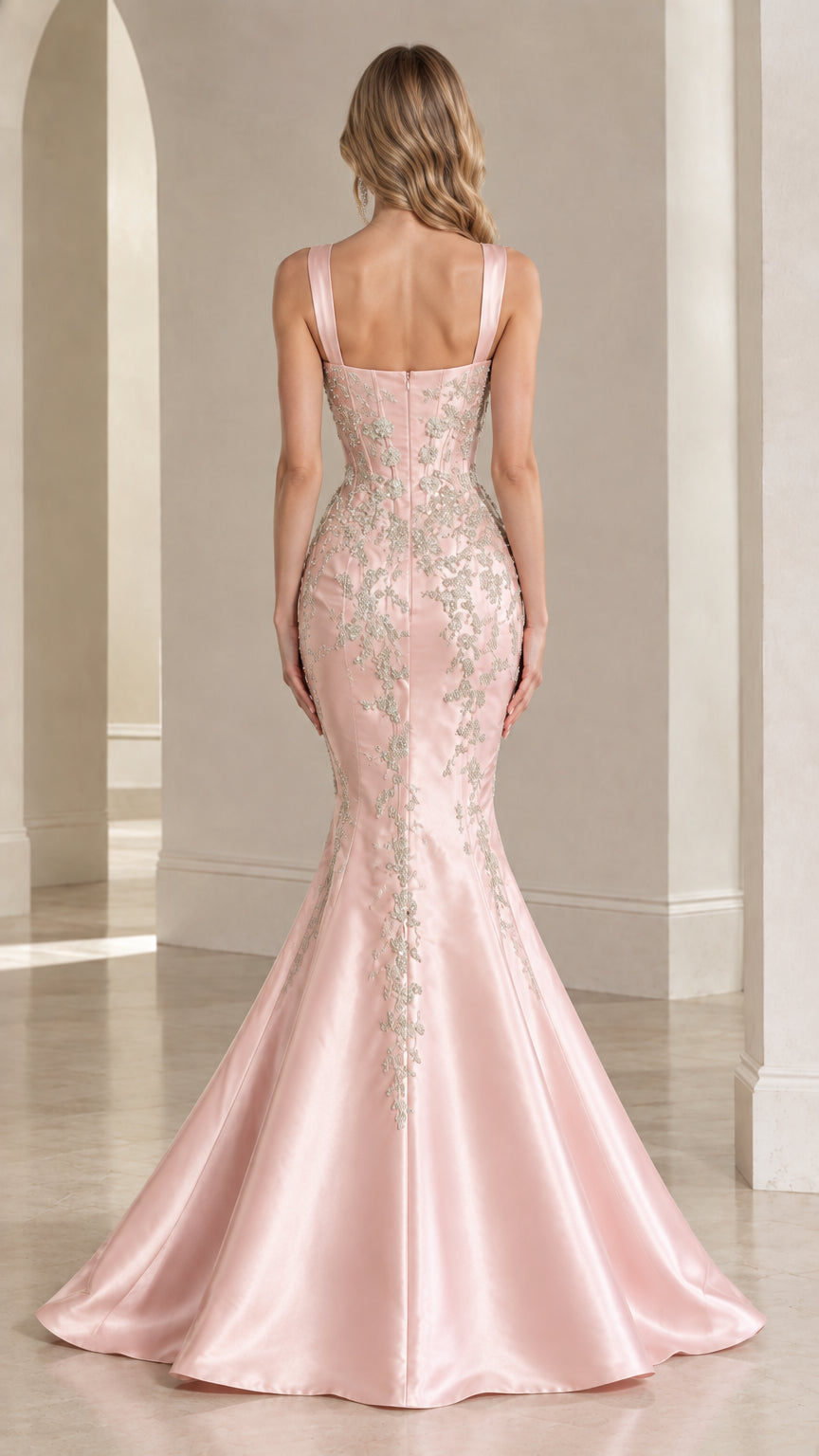 Back view of blush pink corset gown showing flared mermaid skirt and beaded detailing