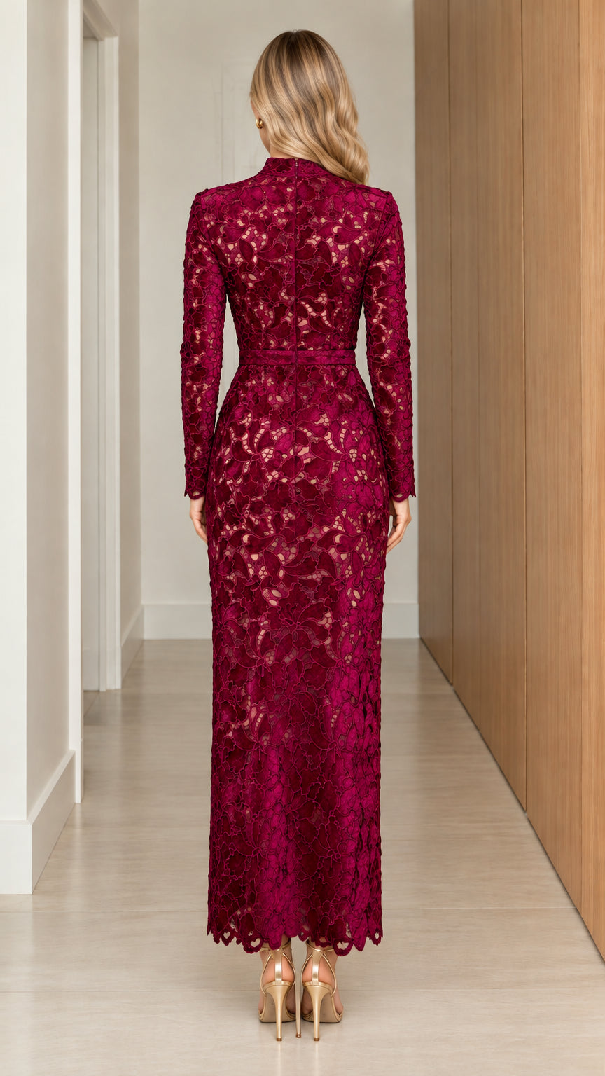 Back view of model wearing burgundy high neck lace dress with concealed zipper