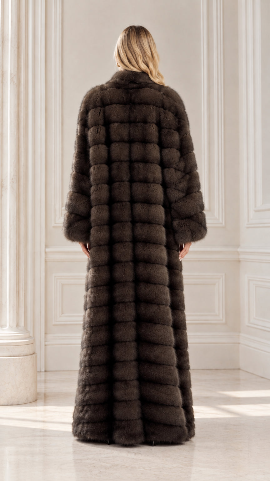 Back view of chocolate brown tiered plush maxi coat