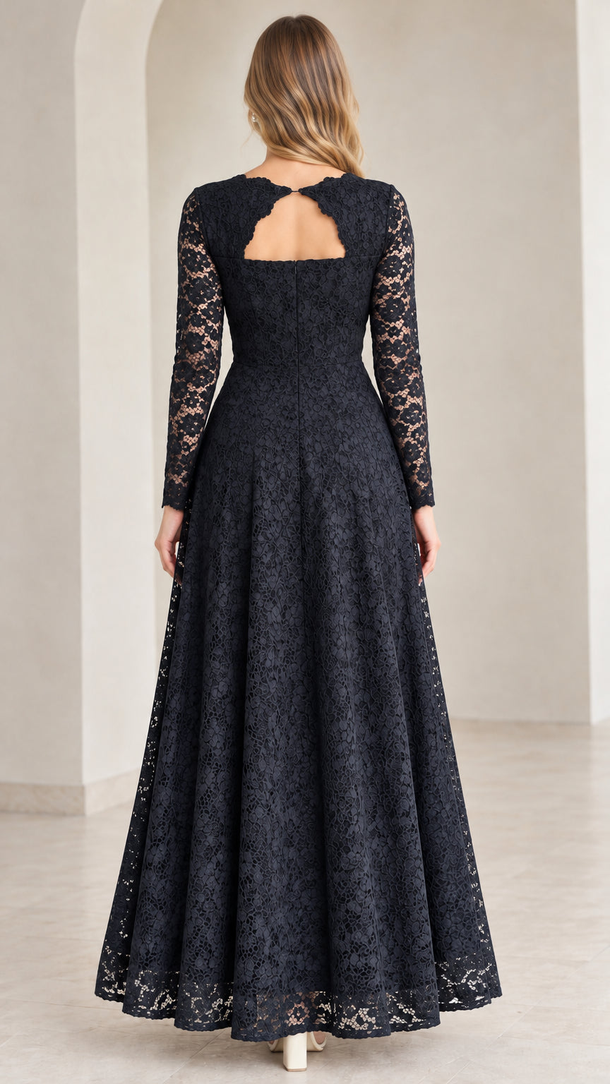 Back view of Navy Blue lace maxi dress featuring elegant keyhole cutout