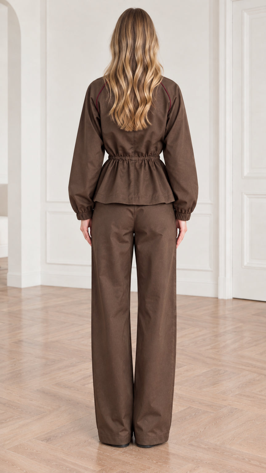 Back view of woman wearing brown cinched waist windbreaker and straight trousers