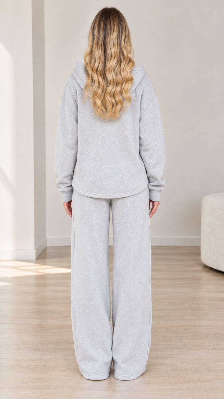 Back view of Heather Grey fleece hoodie and wide-leg sweatpants set