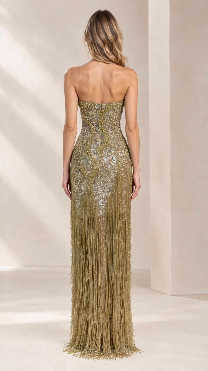 Back view of strapless antique gold beaded evening gown