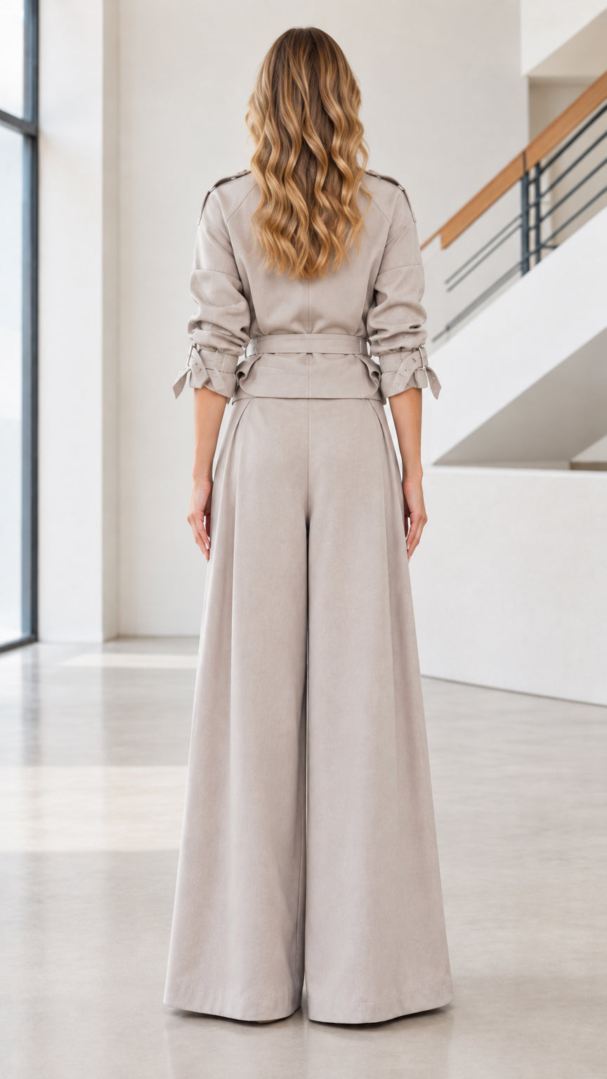 Back full view of taupe belted jacket and flowing wide-leg trousers
