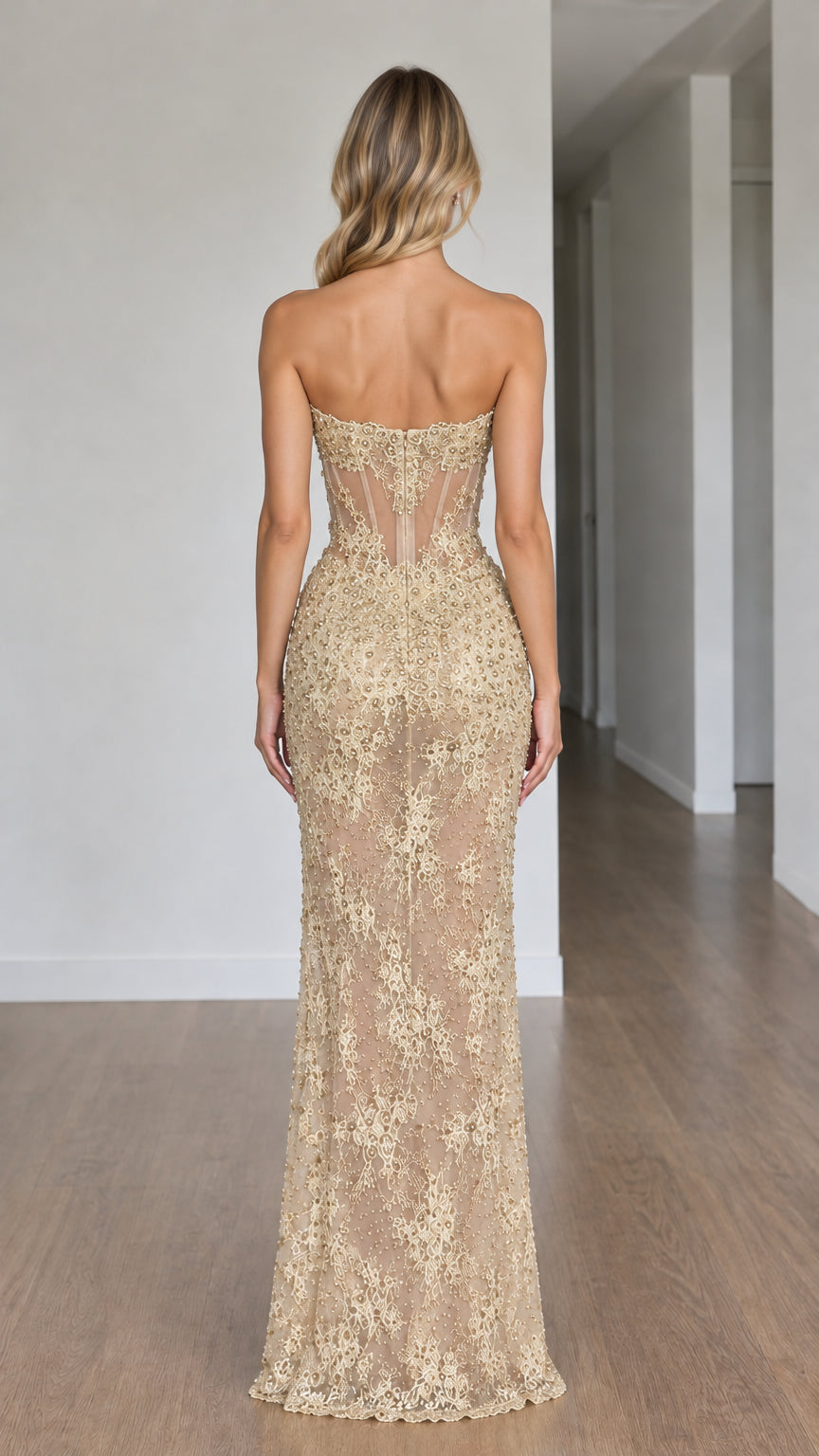 Champagne gold strapless embroidered lace gown back view