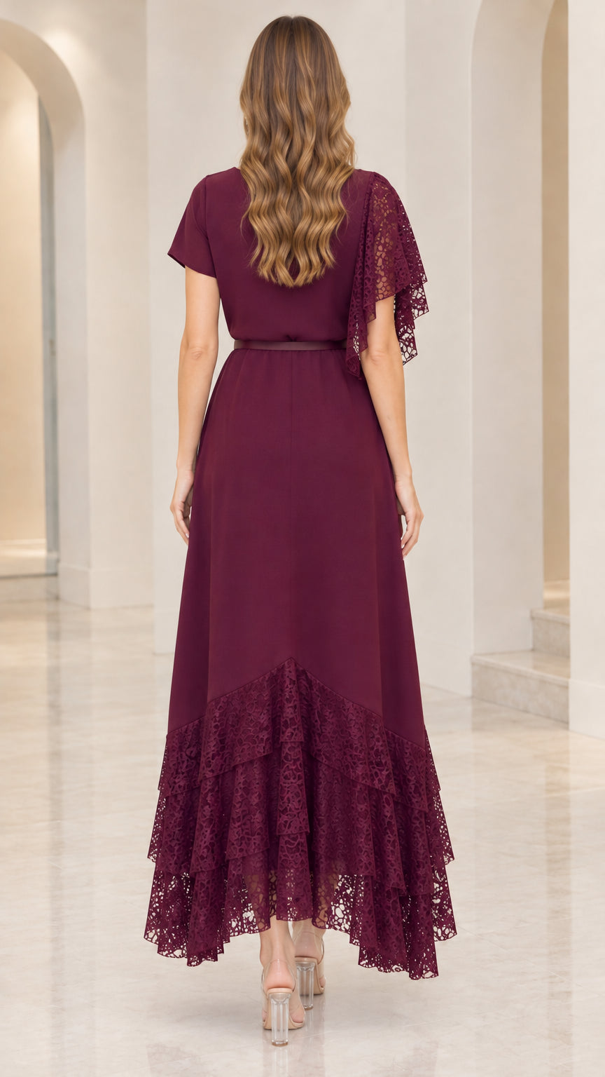 Back view of burgundy lace flutter sleeve maxi dress