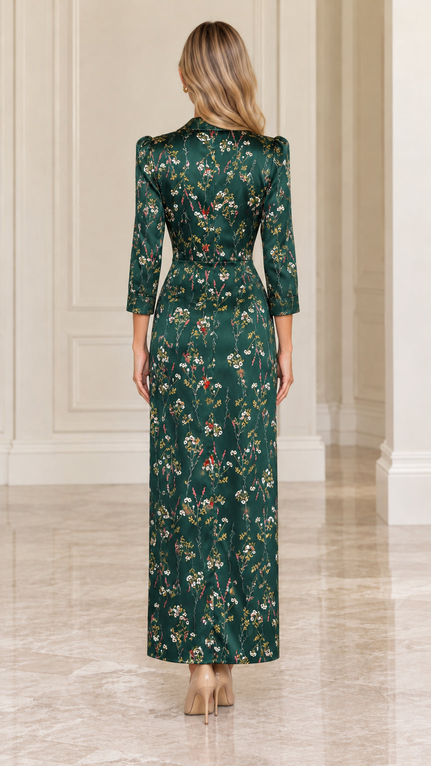 Back view of model wearing Emerald Green floral satin maxi dress