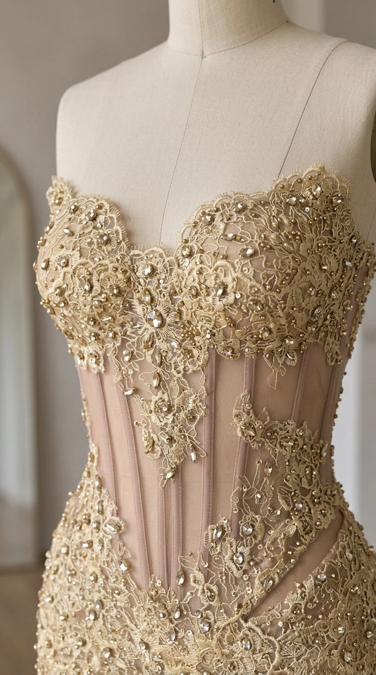 Close up of champagne gold beaded lace bodice with sheer corset boning
