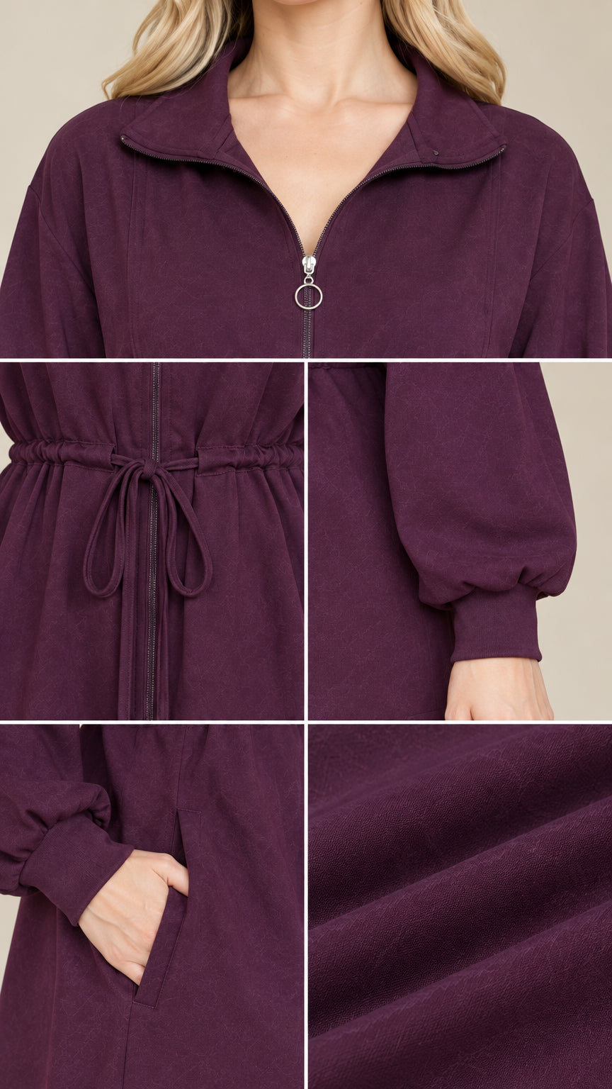 Close-up details of collar zip, waist tie, cuff sleeve, and textured knit fabric in plum