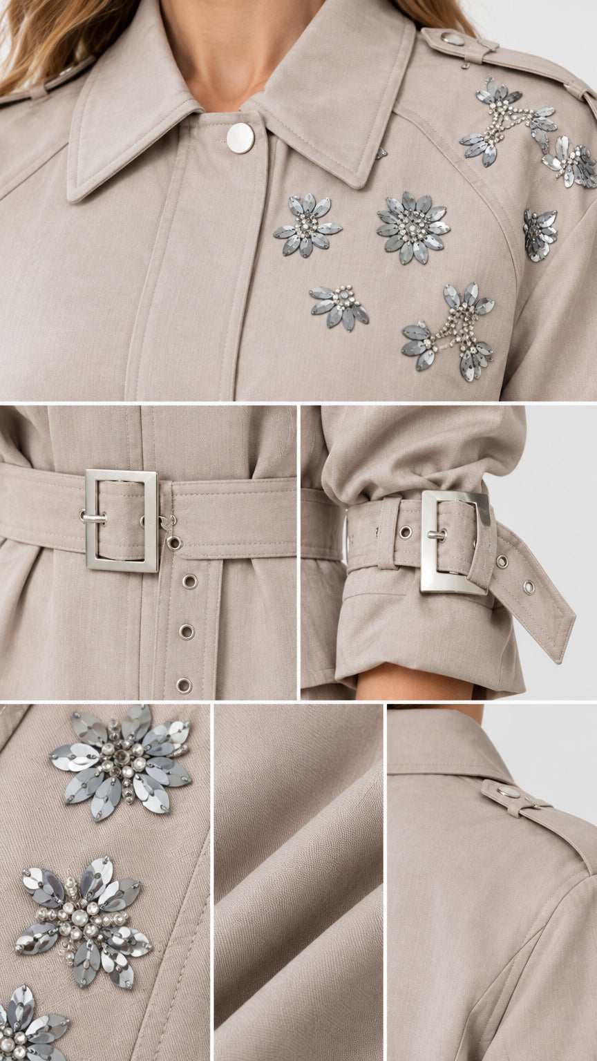 Close-up collage of crystal flower accents, buckle belt, collar, and cuff details