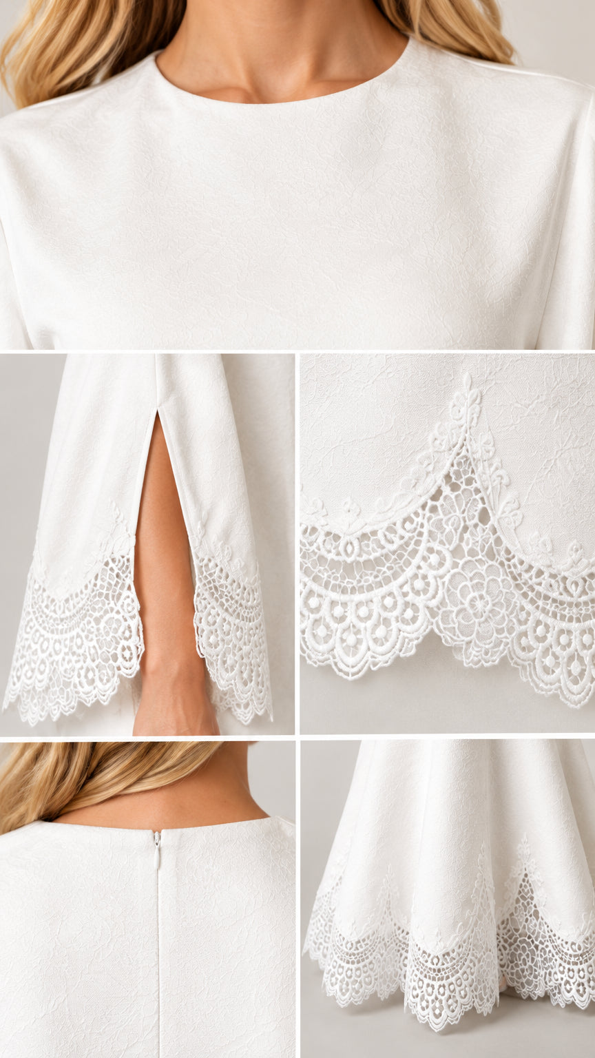 Close-up details of neckline, lace sleeve trim, and back zipper on white gown