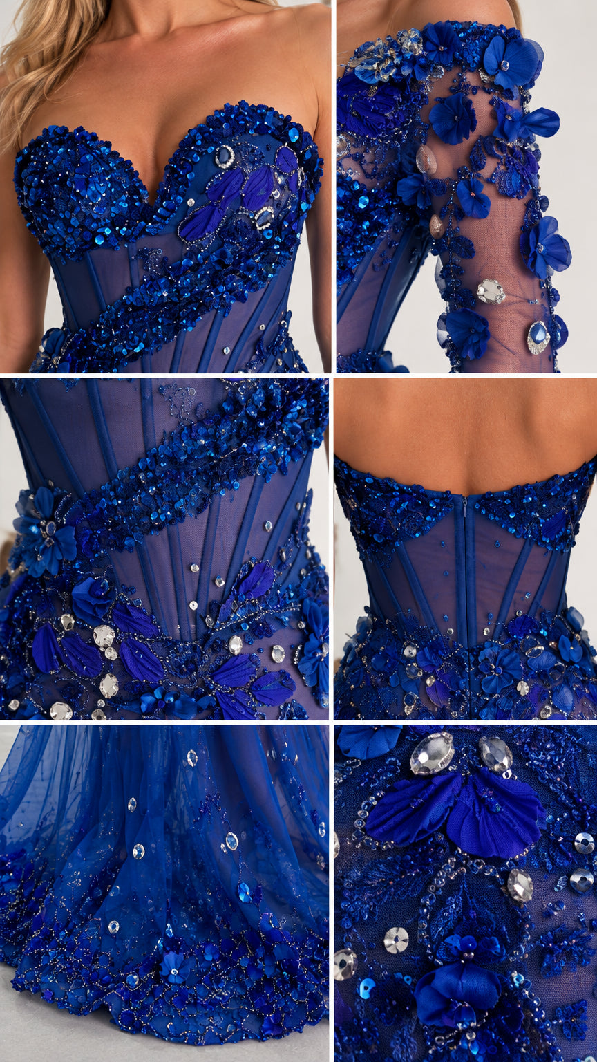 Close-up details of intricate 3D floral appliqués, beadwork, and sheer corset boning
