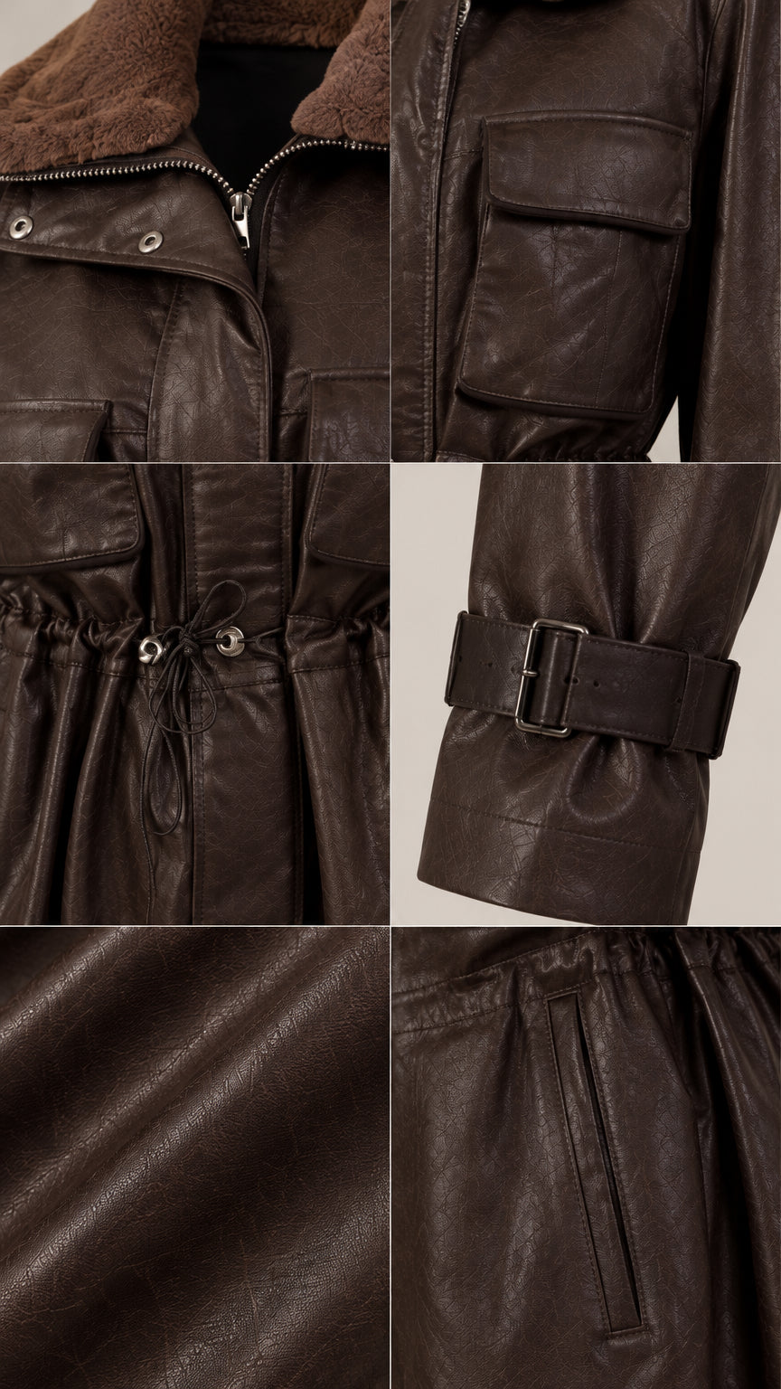 Close-up details of collar texture, toggle waist, buckle cuffs, and pocket seams
