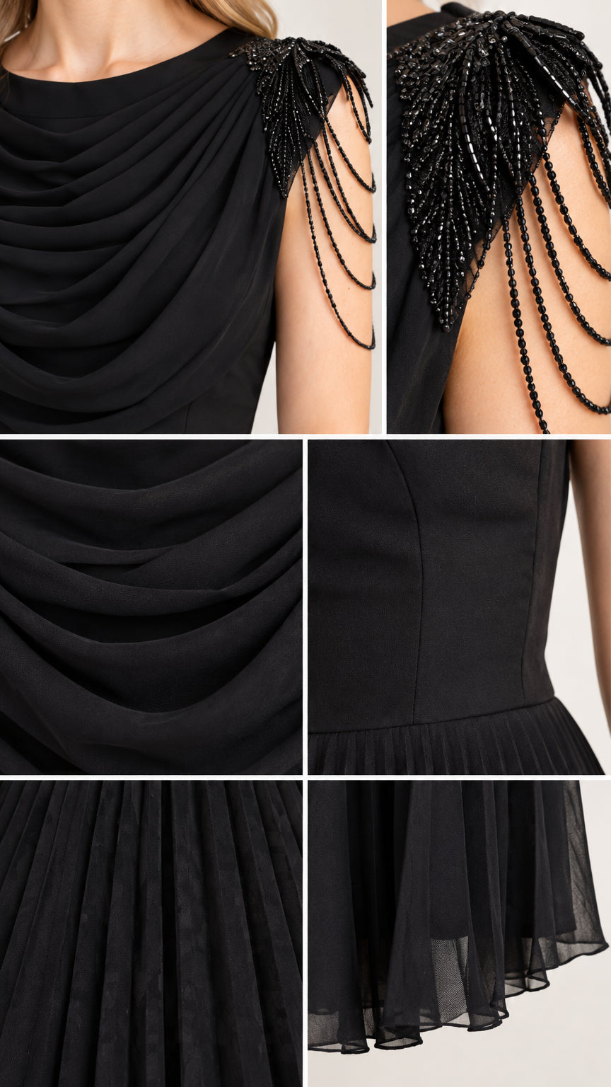 Close-up details of beaded fringe shoulder embellishment and draped chiffon fabric