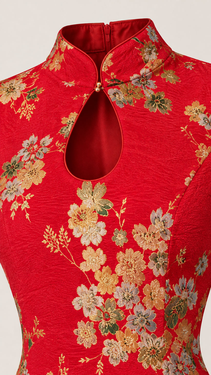 Close-up detail of red jacquard fabric and mandarin collar with keyhole cutout